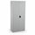 Grey metal storage cabinet with two closed doors and a black handle with a key.