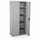 Grey metal storage cabinet with two doors, the right one open revealing four shelves.