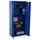 Blue metal storage cabinet with one door open, filled with boxes and binders.