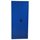 Blue metal cabinet with two closed doors and a key lock.