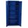 Blue metal storage cabinet with two open doors, showing four shelves inside, viewed from the front.