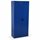 Blue storage cabinet with two closed doors and a black handle, seen from the front.