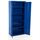 Blue metal storage cabinet with open door and four shelves inside.