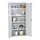 Grey metal cabinet with two open doors, shelves filled with chemical bottles and containers.