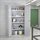 Grey metal cabinet with double open doors, filled with chemicals on shelves, in a warehouse.