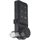 Black digital code lock with keypad 1-5 and OK, rotating knob and threaded metal cylinder for mounting, angled from front-rig