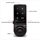 Black keypad lock with touch buttons, dial knob and battery compartment, front view with illuminated display.