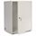 White lockable storage cabinet with open door, visible locking mechanism and key, studio background.