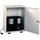 White lockable storage cabinet with open door, containing black Krups coffee maker on stand.