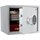 White safe with digital code lock, door open showing CDs, books and red metal box inside