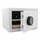 White valuables cabinet with digital code lock, open door showing black insert.