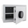 White valuables cabinet with open door, digital code lock and two visible shelves inside.