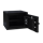 Black safe with open door, visible key lock and one shelf inside.