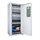 White security cabinet with open door, three shelves with grey drawers, green control panel and laptop at base