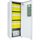 White security cabinet with open door, yellow cassettes organised on three shelves, green control panel visible inside, laptop at base
