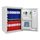 White security cabinet with open door, blue and red storage drawers, keys and tablet visible inside.