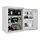 White security cabinet with open door, showing shelves storing bags, electronics, keys and documents.