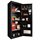 Black tall cabinet with open door, shelves and compartments filled with valuables, electronics and documents.