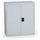 Grey metal cabinet with two closed doors and black handle/lock.