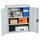 Grey metal storage cabinet with two open doors showing three shelves with office supplies and boxes.