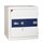 White safe with a blue horizontal stripe on the door, chrome handle and key in the lock. The door is closed.