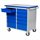 Grey tool trolley with blue drawers and wooden top, one drawer open, keys in lock, on wheels.