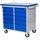 Grey tool trolley on wheels with 10 blue drawers, wooden top, handle and key in lock. Photographed from front-right.
