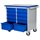 Tool trolley on wheels with 10 blue drawers, two bottom ones open, grey frame and wooden top.